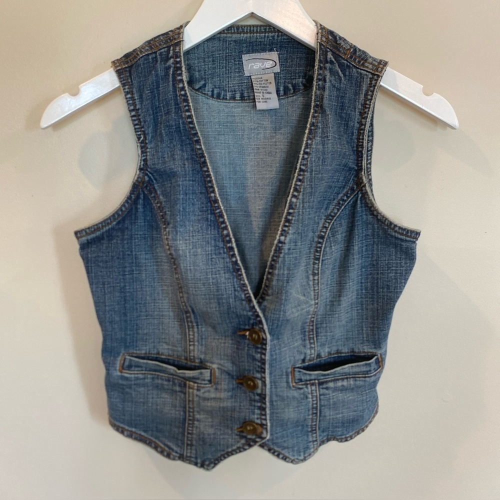 Vintage Rave Denim Vest 90s Y2K Buttons Pockets Womens Small Stretch